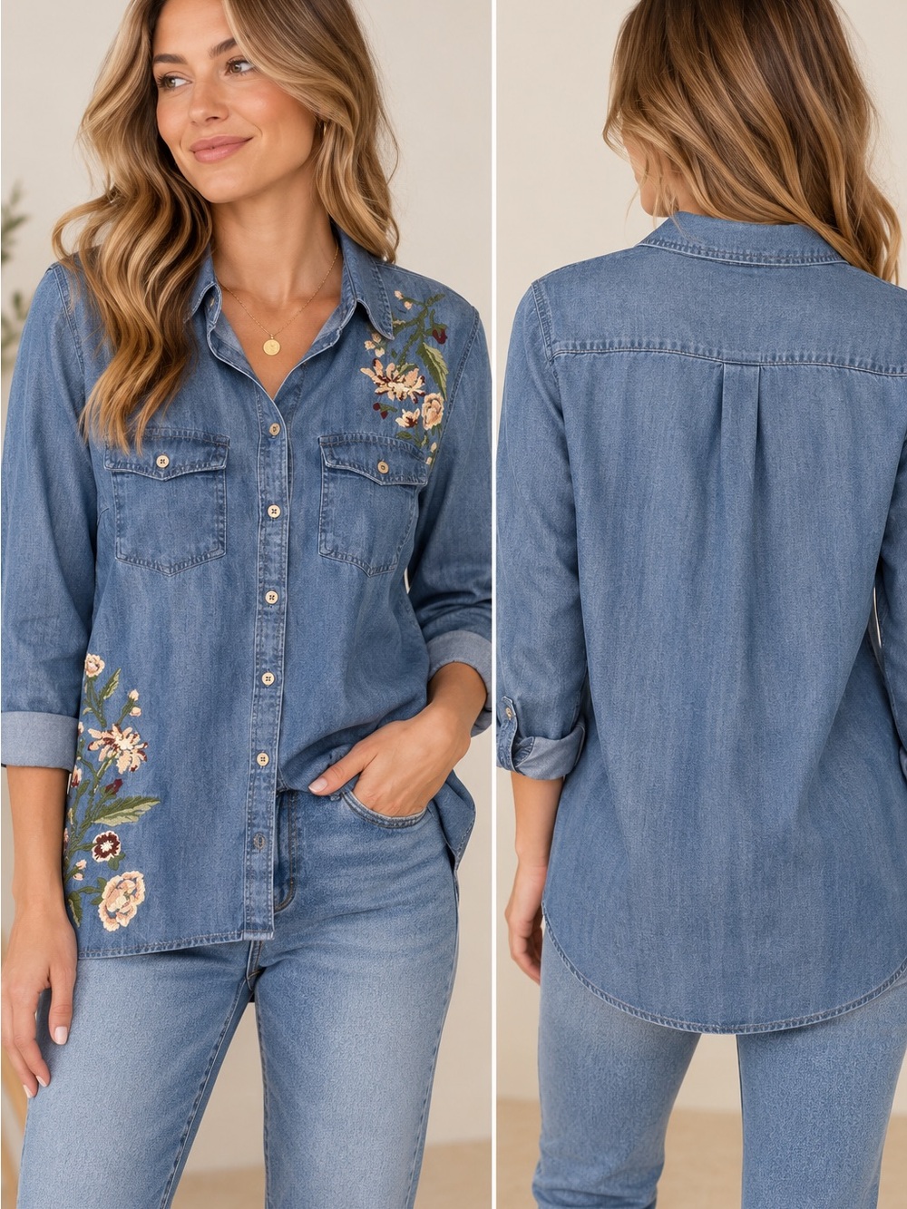 Stylish Embroidered Denim Button-Down Shirt - Blue